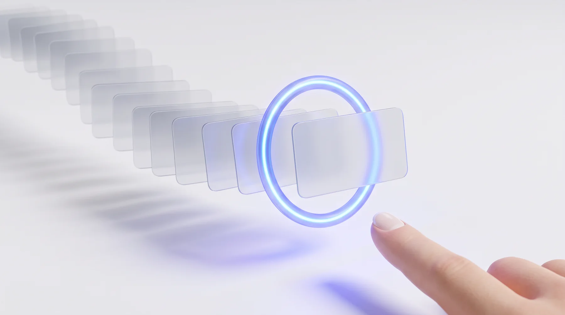 A stream of tasks flowing until one is held inside a glowing blue checkpoint ring, a fingertip about to approve it